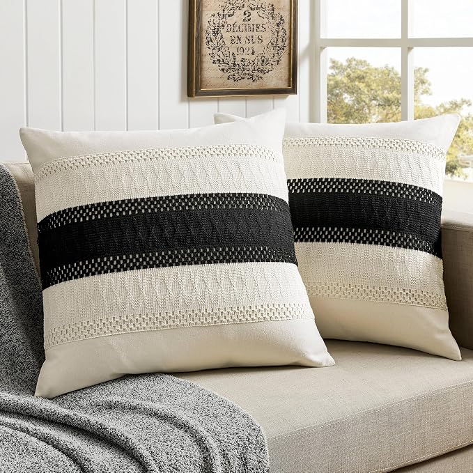 2 Pack Boho Throw Pillow Covers, Contrast Black 22x22in | Soft Breathable Cotton, Farmhouse Decorative Couch Pillow Cases, Cushion Covers for Sofa Bed Living Room Home Decor