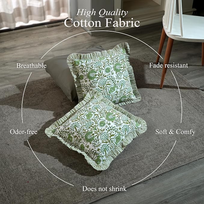 CPC Block Print Ruffle Throw Cover Agate Green 16"x16" Inch Pack of 2-100% Cotton Ruffle Couch Decorative Boho Pillows Case for Living Room, Bedroom, Sofa, Farmhouse Gift for Spring, Mother's Day