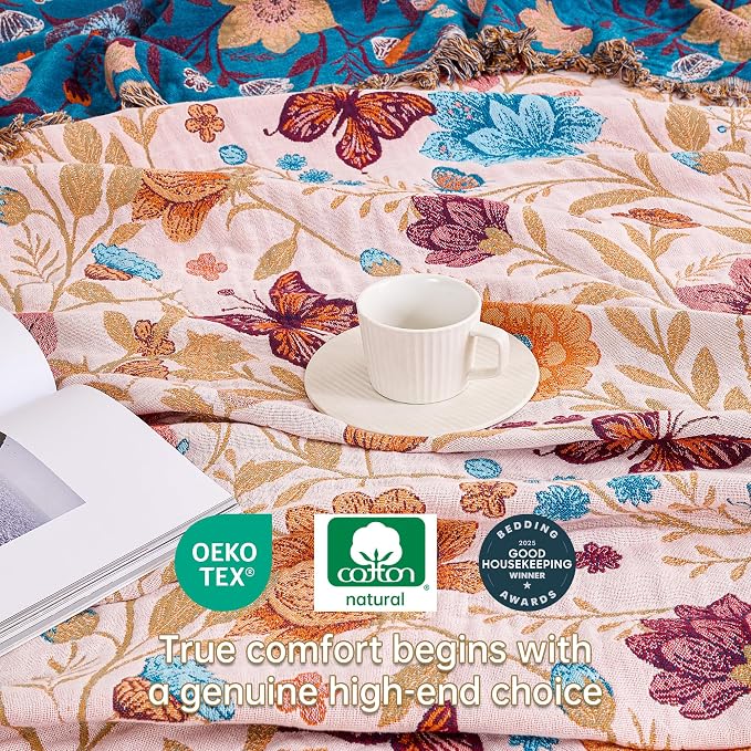VANJOROY Boho Throw Blanket, 100% Organic Cotton Breathable Ultra Soft 50" x 60" Bed Quilt Throw - All Season Floral Rustic Farmhouse Decor Luxury Reversible Blanket for Sofa Couch Chair and Gift