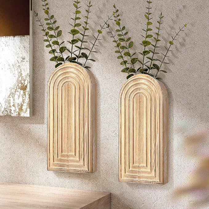 EOSAHR Wall Vase: Wall Planter for Bathroom Decor Aesthetic, Natural Wood | 2Pcs Bathroom Set, Pine Wood, Wall Plant Holder for Home Decor, Boho Wall Art for Living Room, Farmhouse Decor