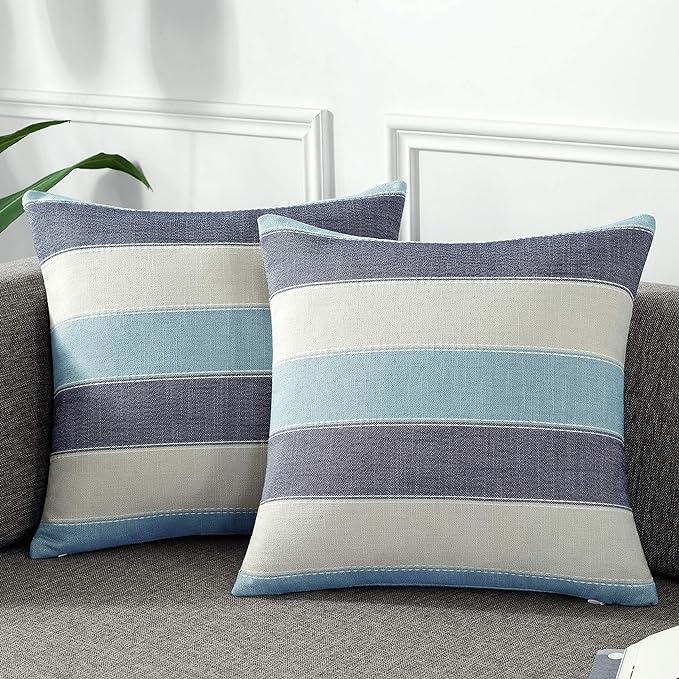 Pack of 2 Farmhouse Stripe Check Throw Pillow Covers Set Case Cotton Linen Decorative Pillowcases Cushion Cover for Couch Bench Sofa 18x18Inch Blue Beige