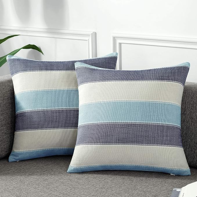 Pack of 2 Farmhouse Stripe Check Throw Pillow Covers Set Case Cotton Linen Decorative Pillowcases Cushion Cover for Couch Bench Sofa 22x22Inch Blue Beige