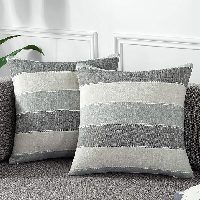 Pack of 2 Farmhouse Stripe Check Throw Pillow Covers Set Case Cotton Linen Decorative Pillowcases Cushion Cover for Couch Bench Sofa 16x16Inch Dark Grey Beige