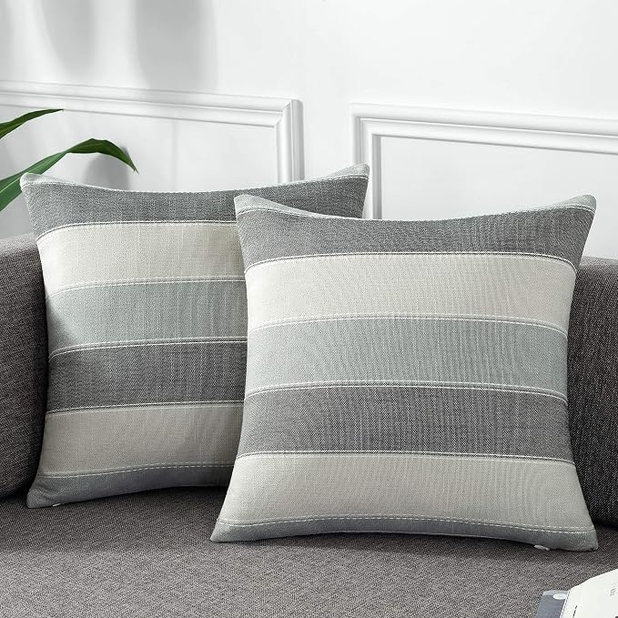 Pack of 2 Farmhouse Stripe Check Throw Pillow Covers Set Case Cotton Linen Decorative Pillowcases Cushion Cover for Couch Bench Sofa 24x24Inch Dark Grey Beige