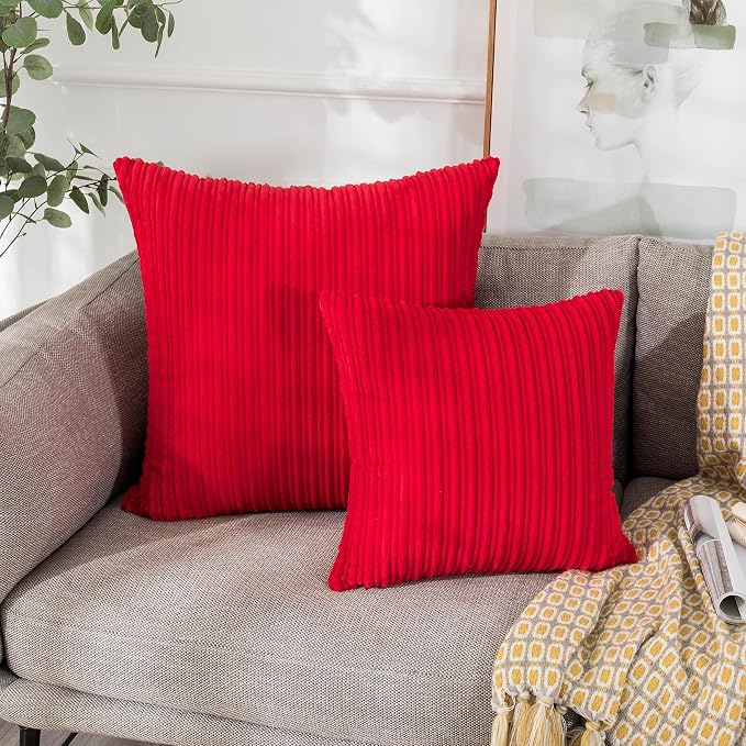 UGASA Valentines Corduroy Striped Soft Soild Decorative Square Throw Pillow Covers Set Cushion Cases Pillowcases for Sofa Bedroom, 2 Pcs, 26x26inch, Red
