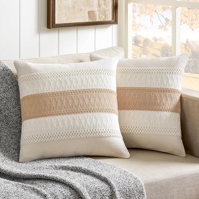 2 Pack Boho Throw Pillow Covers, Contrast Beige 20x20in | Soft Breathable Cotton, Farmhouse Decorative Couch Pillow Cases, Cushion Covers for Sofa Bed Living Room Home Decor