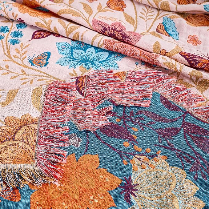 VANJOROY Boho Throw Blanket, 100% Organic Cotton Breathable Ultra Soft 80" x 90" Bed Quilt Throw - All Season Floral Rustic Farmhouse Decor Luxury Reversible Blanket for Sofa Couch Chair and Gift