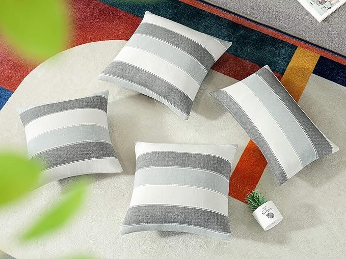 Pack of 2 Farmhouse Stripe Check Throw Pillow Covers Set Case Cotton Linen Decorative Pillowcases Cushion Cover for Couch Bench Sofa 16x16Inch Dark Grey Beige