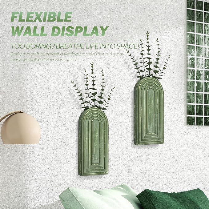 EOSAHR Wall Vase for Flower: Wall Planter Holder for Boho Wall Decor, Green | 2Pcs, Pine Wood, 3D Embossed Lines, Round Corner Design, for Both Wall & Desktop, Green Wall Decor, Wall Art for Bedroom