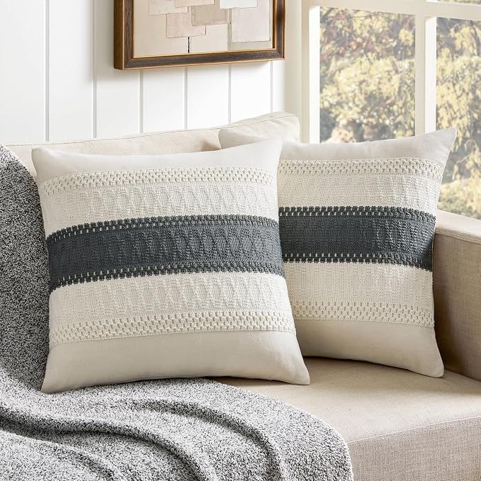 2 Pack Boho Throw Pillow Covers, Contrast Charcoal 16x16in | Soft Breathable Cotton, Farmhouse Decorative Couch Pillow Cases, Cushion Covers for Sofa Bed Living Room Home Decor