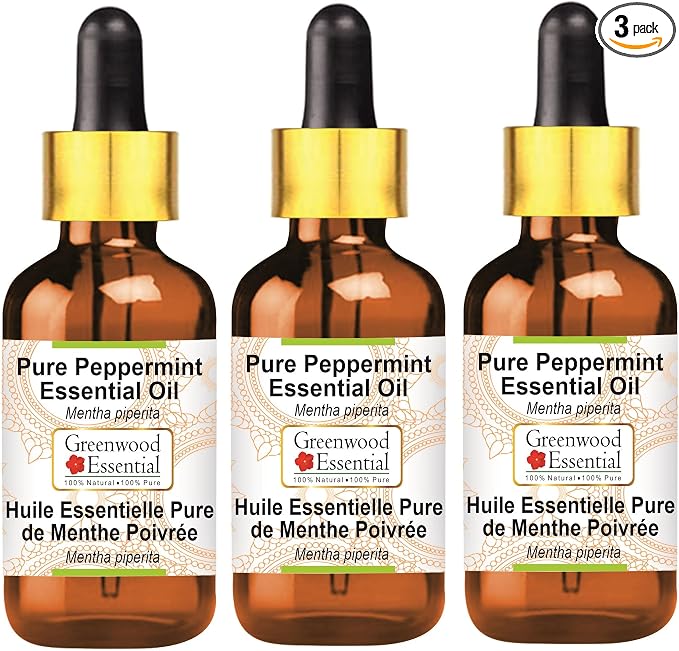 Greenwood Essential Pure Peppermint Essential Oil (Mentha piperita) with Glass Dropper Steam Distilled (Pack of Three) 100ml X 3 (10.1oz)