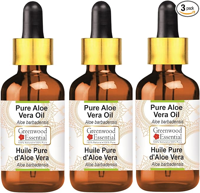 Greenwood Essential Pure Aloe Vera Oil (Aloe barbadensis) with Glass Dropper Premium Therapeutic Grade for Hair, Skin & Aromatherapy (Pack of Three) 100ml X 3 (10.1oz)