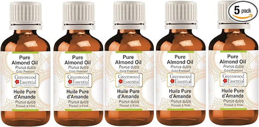 Greenwood Essential Pure Almond Oil (Prunus dulcis) Cold Pressed (Pack of Five) 100ml X 5 (16.9 oz)